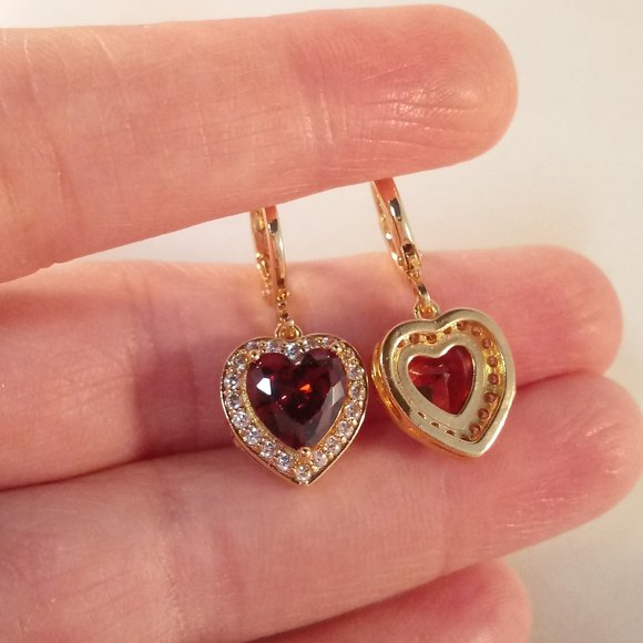 18K Yellow Gold Filled Garnet Red Diamond Zircon Heart Dangle Earrings 1.71ctw - Picture 3 of 3